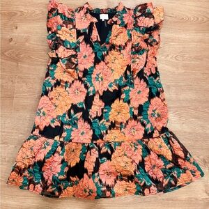 Floral Ruffle Dress in Black and Orange